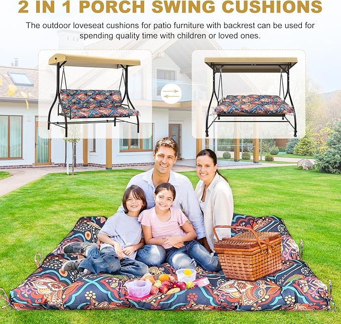 60" Porch Swing Cushion with Backrest, Waterproof Outdoor Bench Swing Cushions 3 Seater Replacement Thickened Swing Cushions with Ties for Patio Garden Backyard,Bohemian,60x40in