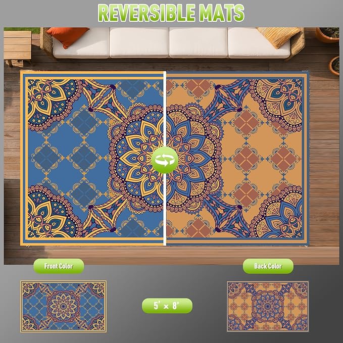 WILDROOTS 5x8 Feet Thangka Pattern Plastic Outdoor Rug, Stain Resistant Waterproof Reversible Outdoor Patio Rug, Fade Resistant Camping Rug