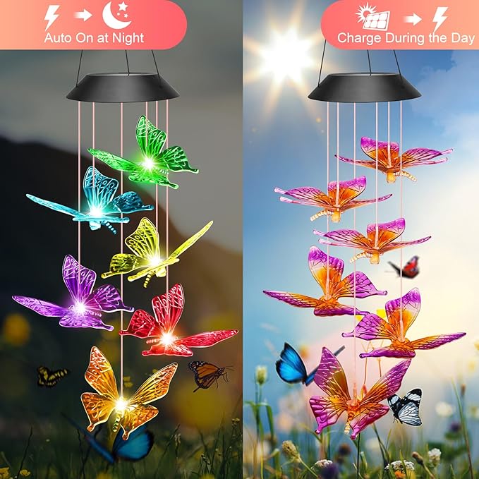 Easter Basket Stuffers Gifts for Her Mom Grandma, Birthday Gardening Gifts for Women, Winzwon Solar Lights Outdoor Wind Chimes for Garden Yard Patio Porch Decor Hanging Butterfly Decorations