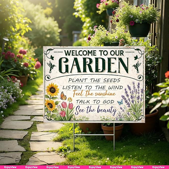 Funny Garden Sign with H Stake 24"x18" Large Vintage Sign for Outside Greenhouse Corrugated Plastic Yard Decor Gardening Gifts for Women " WELCOME TO OUR GARDEN"