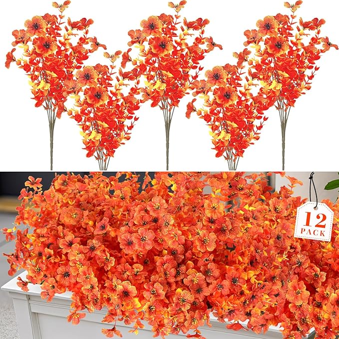 12 Bundles Artificial Fall Fake Mums for Outdoor, Autumn Faux Mums Flowers UV Resistant Plastic Greenery Garden Porch Patio Fall Thanksgiving Home Decor