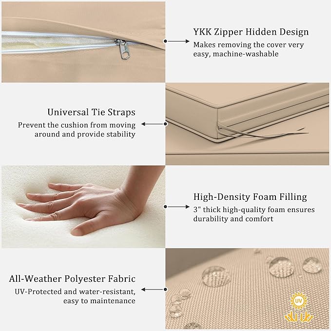 3 Pack Outdoor Replacement Cushions,36L x 18W x 3H,18L x 18W x 3H inch, High-Elastic Replacement Sponge for 4-Seater Water-Resistant Patio/Sofa with Removable Covers (Sand)