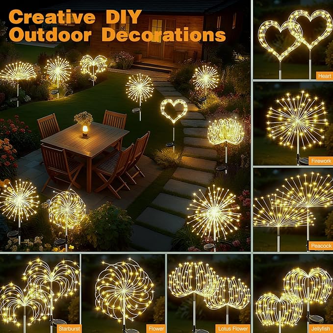 btfarm Solar Garden Lights Outdoor, 8 Modes Firework Lights Solar Powered, Waterproof Twinkle Fairy Light Outside for Yard Patio Pathway Pool Christmas Party Decorative, 2 Pack, Warm White
