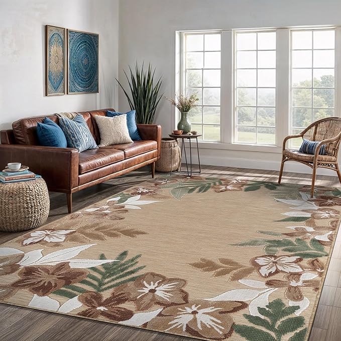 Outdoor Rug 8x10 Washable Area Rugs Indoor Outdoor Carpets Beige Border Floral Non Shedding Waterproof Easy Clean Patio Deck Porch Living Room Bedroom Garden RV (8 X 10 Beige)