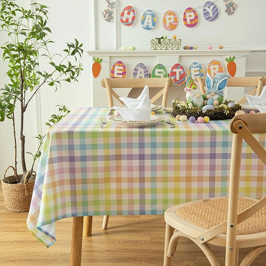 Easter Sunday Spring Plaid Tablecloth - Colorful Rectangular 58x102 Inch Water Resistant Table Cloth for Indoor/Outdoor Use - Rustic Table Cover for Kitchen, Picnics, and Parties