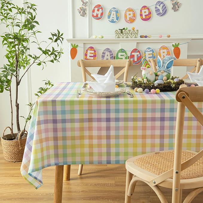 Waterproof Checkered Tablecloth Fabric - Colorful Rectangle 58x84 Inch Easter Table Cloth for Indoor/Outdoor Use - Table Cover for Kitchen, BBQs, and Parties