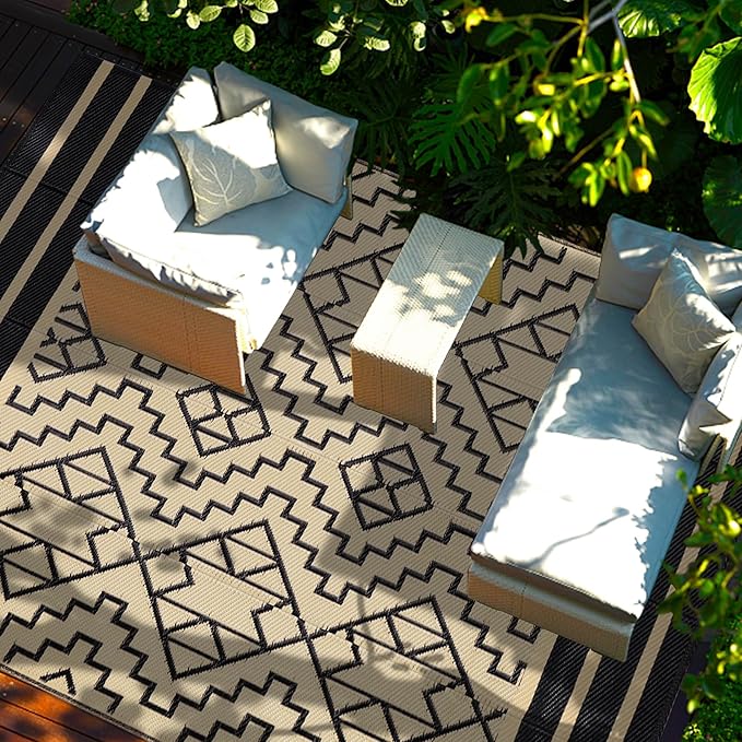 SAND MINE Reversible Mats, Plastic Straw Rug, Modern Area Rug, Large Floor Mat and Rug for Outdoors, RV, Patio, Backyard, Deck, Picnic, Beach, Trailer, Camping (9' x 12', Black & Beige)