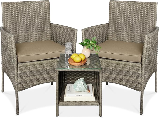 Best Choice Products 3-Piece Outdoor Wicker Conversation Bistro Set, Space Saving Patio Furniture for Garden w/Side Table - Taupe/Desert