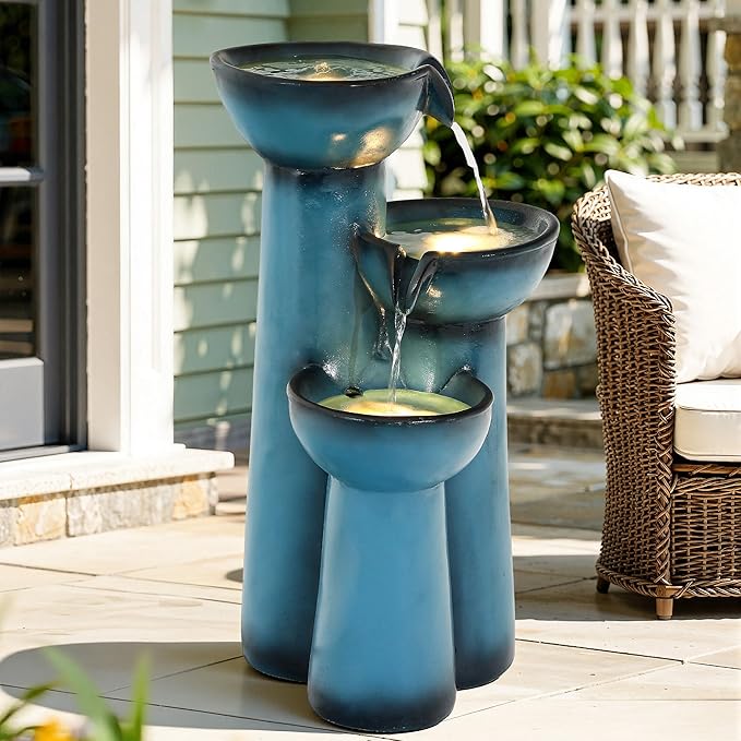 27" Outdoor Fountain, 3-Tier Modern Column Water Feature with LED Lights, Resin Soothing Cascading Waterfall for Patio, Backyard, Garden or Porch, Blue
