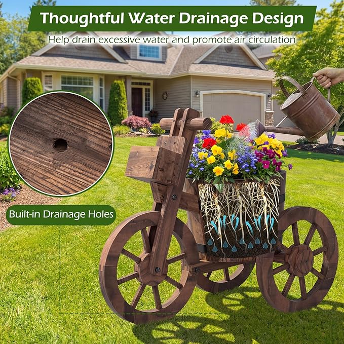 Giantex Wooden Wagon Planter with Wheels, Rustic Wood Plant Stand with Drainage Hole for Flowers Herbs Vegetables, Indoor Outdoor Decorative Garden Flower Cart for Patio Backyard Balcony (2)
