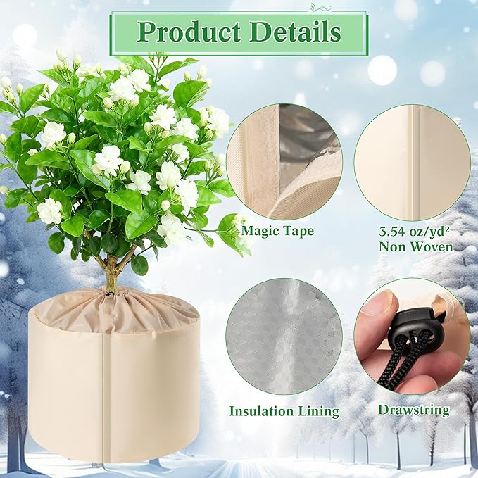 2 Pcs Plant Pot Covers for Winter, Insulated Potted Plant Covers Freeze Protection with Drawstring & Hook-and-Loop Closure, Flower Pot Protection Bag to Keep Outdoor Plant Warm, 25.6"x 27.5"