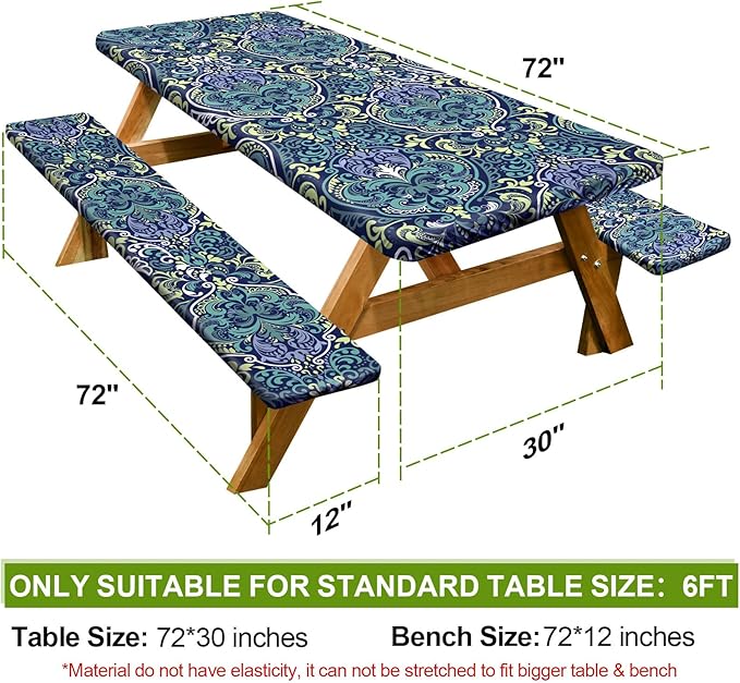 Picnic Table Cover with Bench Covers Camping Essentials Waterproof Windproof Camping Tablecloth with Drawstring Bag, Fitted Rectangle Tables and Seats, 72in, Deep Blue Green
