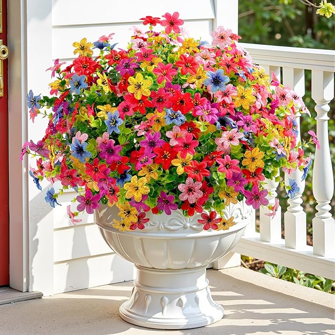 SHareconn 24 Bundles Artificial Flowers for Outdoors Spring Decoration, Fake Silk Realistic Faux Plants UV Resistant for Outside Planter Porch Patio Summer Indoor Decor, RedRosePurpleYellowPinkBlue
