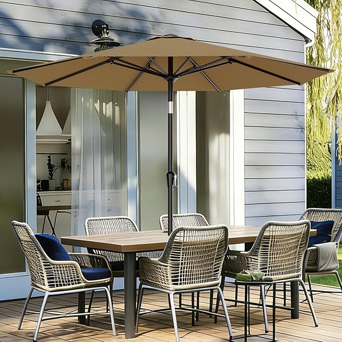AreShark 9 FT Patio Umbrella for Outdoor, Outdoor Table Umbrella with Push Button Tilt and Crank, Outdoor Patio Umbrellas with 8 Sturdy Ribs for Market, Garden, Pool (Khaki)
