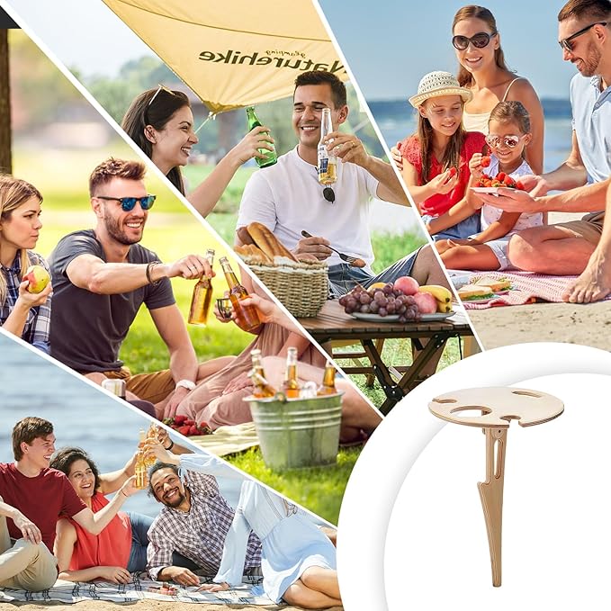 Topyond Outdoor Portable Foldable Wine Table, Bamboo Round Wine Rack, Ground Insertion Design Small Picnic Table, Ideal for Garden, Lawn, Picnic