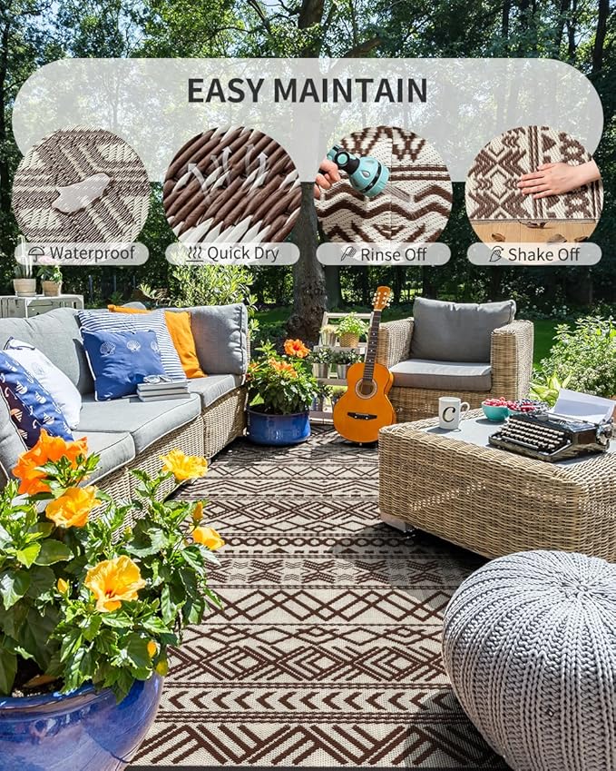 MontVoo-Outdoor Rug Carpet Waterproof 6x9 ft Reversible Patio Rug RV Camping Rug-Plastic Straw Rug Outside Indoor Outdoor Area Rug for Patio Deck Balcony Picnic Beach Outdoor Decor Boho Beige Brown