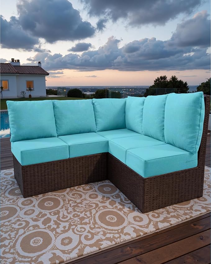 Luxury 24x24x6 Outdoor Cushions for 5-Seat Sectional Sofa Set of 5 - Water-Repellent 11-Piece Patio Cushion Set for Outside Rattan Wicker Loveseat Chair L-Shape Couch - Turquoise/Classic