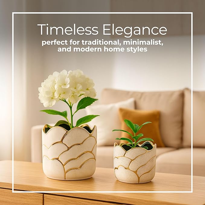 Modern Decorative Home Decor Planters for Flower Pots - Ideal for Indoor and Outdoor Plants for House Decor - Plant Pots for Garden Accent or Plant Stand Indoor - Set of 2, 7", 5", Ivory & Gold