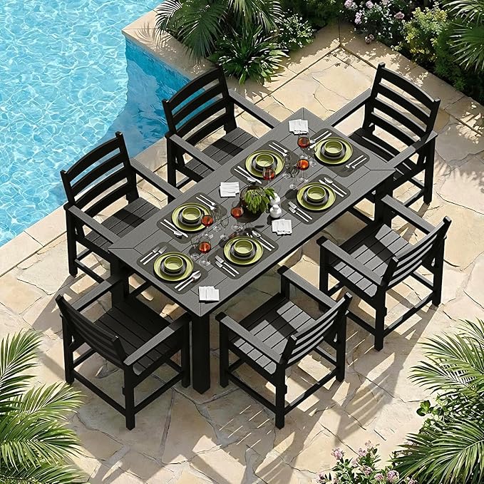 Outdoor HDPE Dining Table Set 7-Piece, All-Weather Outdoor Table and Chairs with Umbrella Hole Cut-Out, Patio Furniture for Garden, Backyard, Deck (Black)