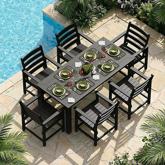 Outdoor HDPE Dining Table Set 7-Piece, All-Weather Outdoor Table and Chairs with Umbrella Hole Cut-Out, Patio Furniture for Garden, Backyard, Deck (Black)