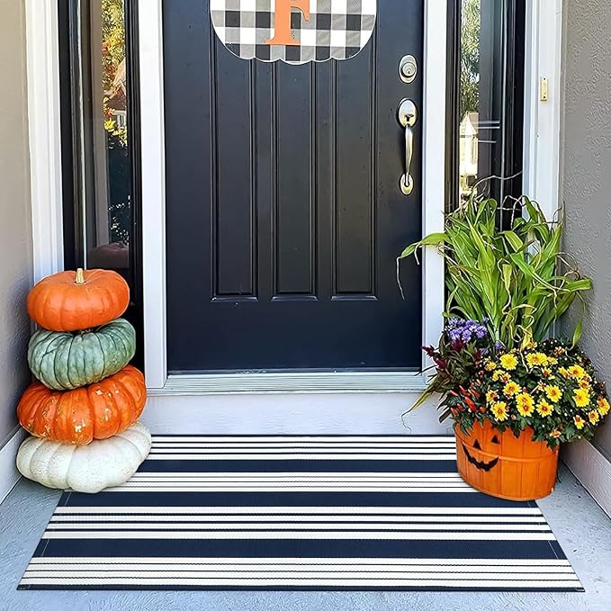 OJIA Outdoor Entryway Rug 24''x51'', Machine Washable Front Door Mats Cotton Woven Blue and White Outdoor Rugs Porch Rug Striped Kitchen Runner Indoor Door Mat for Farmhouse/Entry/Home Entrance
