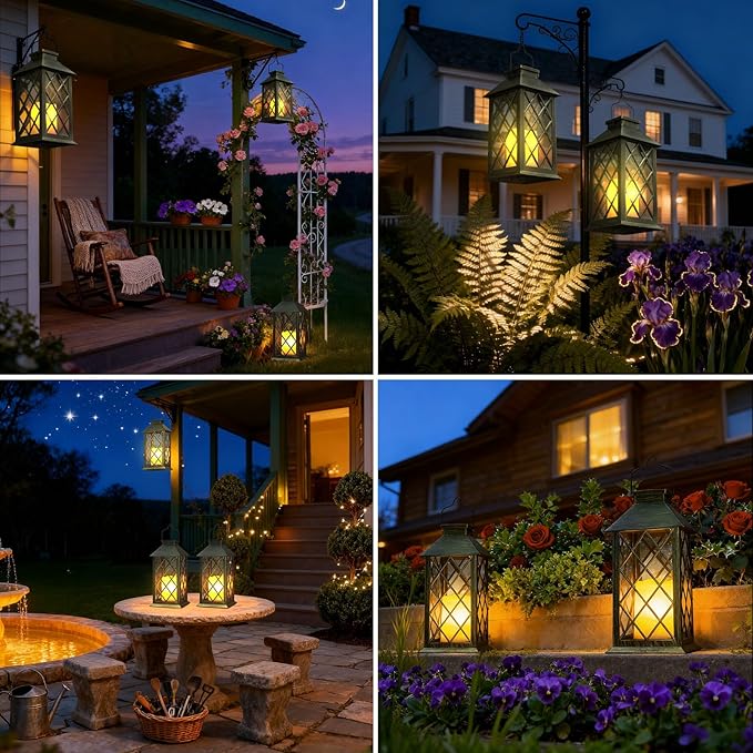 Otdair Solar Lanterns Outdoor Waterproof, 2 Pack 14" Solar Lantern with Glass Retro LED Flickering Flameless Candle,Lanterns Decorative Outdoor for Gift, Yard, Garden, Patio, Balcony,Porch, Party