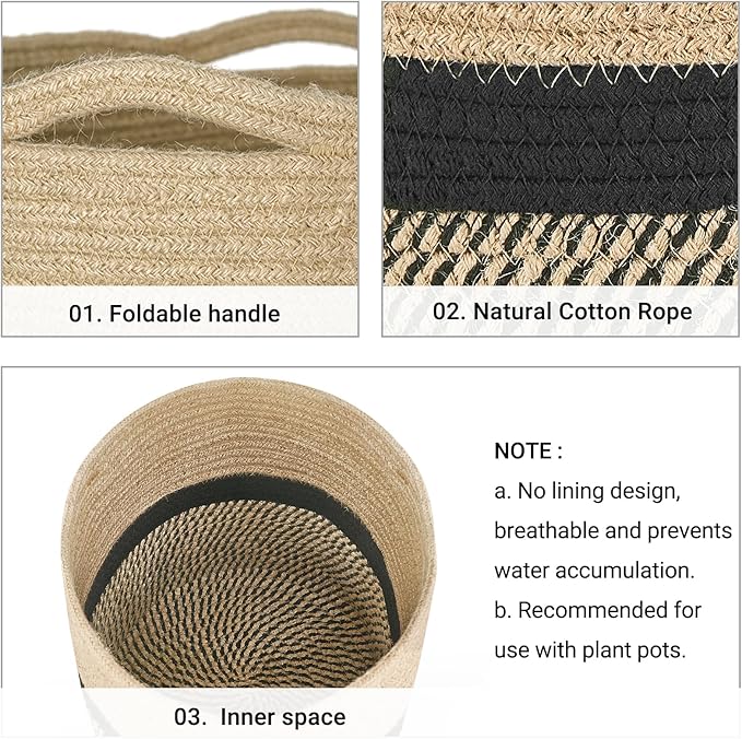 Dahey Jute Rope Plant Basket Modern Woven Storage Basket for 12" Indoor Planter, Decorative Flower Pots Cover Laundry Bin with Handle Rustic Home Decor, Black