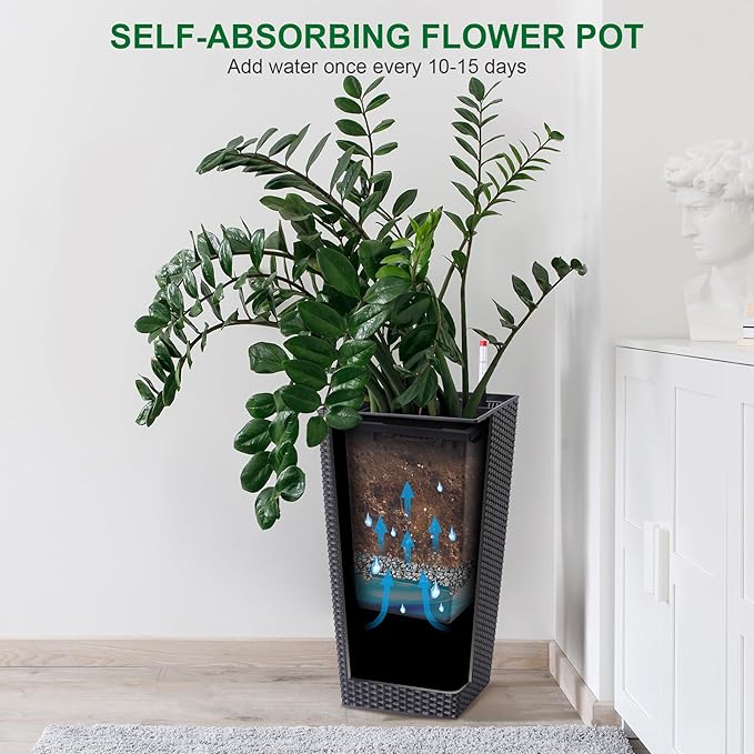 22.5 Inch Tall Planter Set of 2 Large Rattan Flower Pot with 2 Trays & a Water Level Monitor & Wheels Outdoor and Indoor for Patio, Porch, Living Room, or Home Office, Black