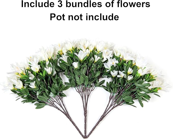 INSPRING Artificial Fake Spring Flowers for Outdoors Decoration, 3 Bundles Faux Azalea Plants Flower Look Real UV Resistant Silk Flowers for Outside Planters Patio Porch Garden Yard Window Home, White