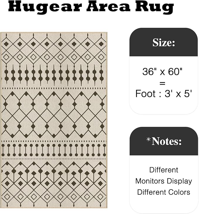 HUGEAR 3x5 Outdoor Rug Black/Beige Linen-Look Fabric Boho Area Rug High Traffic Stain Resistant Easy Clean Durable Rugs for Indoor/Outdoor Patio Deck Balcony Porch Garden Courtyard