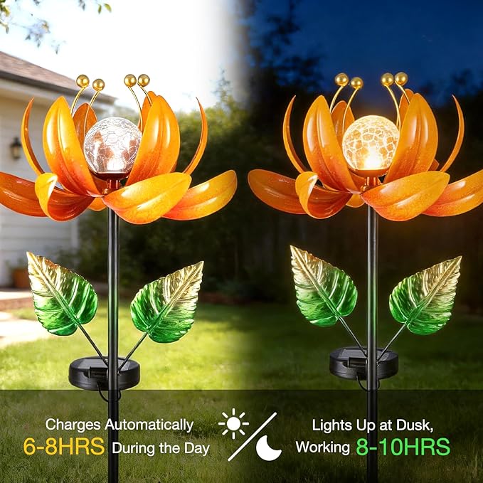 Outdoor Solar Lights Garden Decor,Wind Spinner Yard Decorations for Outside, Lotus Garden Windmill with LED Cracked Crystal Waterproof Flower Sculpture for Patio Lawn Gardening Gifts