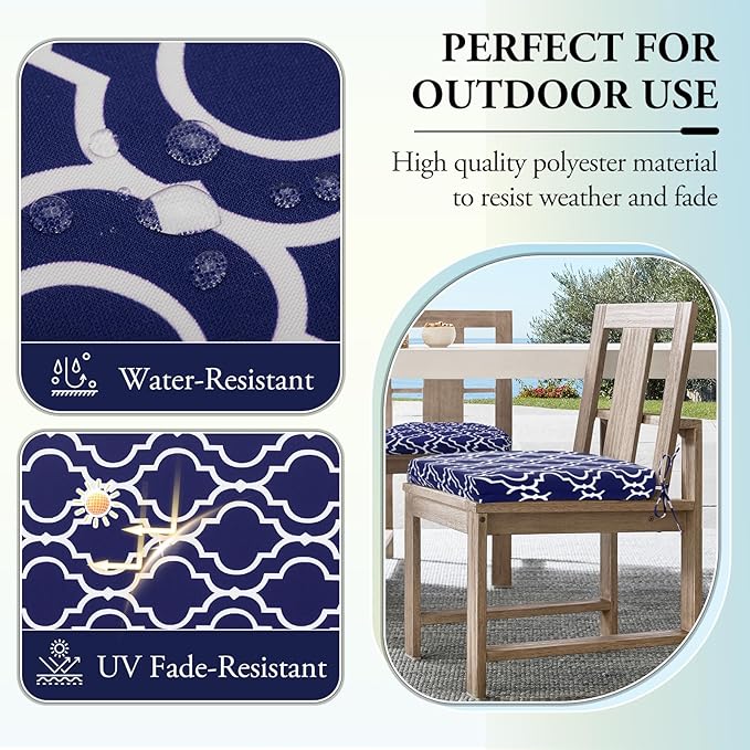 Wellsin Outdoor Chair Cushions for Patio Furniture - Patio Chair Cushions Set of 4 - Water Resistant Round Corner Outdoor Seat Cushions 17"X16"X2", Trellis Navy