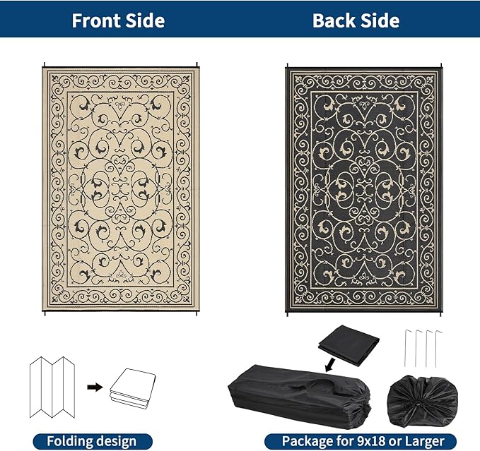 MilleLoomi Waterproof Plastic Straw Outdoor Rug 9x18 Patio Reversible UV Resistant Foldable Camping Carpet Vintage Large Outdoor Rugs for Deck, Picnic, Porch, Camper, Balcony, Beach，Black Beige