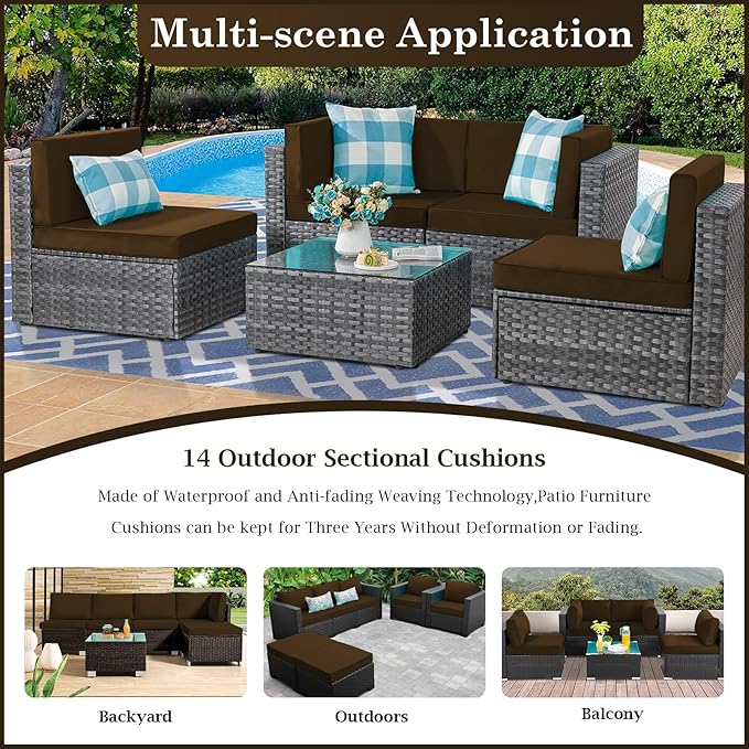 Outdoor Sectional Cushions, 4" Foam High-Density, Water-Resistant Couch Cushions Replacement Set, 14 Piece Patio Sectional Cushion for 6-Seat Sectional Patio Conversation Sets (Coffee Color)