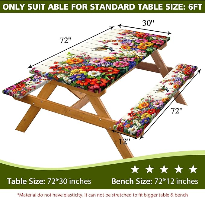 Floral Picnic Table Cover with Bench Covers, Camping Bird Flower Wooden Spring Essentials Waterproof Windproof Camping Tablecloth with Drawstring Bag, Fitted Rectangle Tables and Seats, 96in