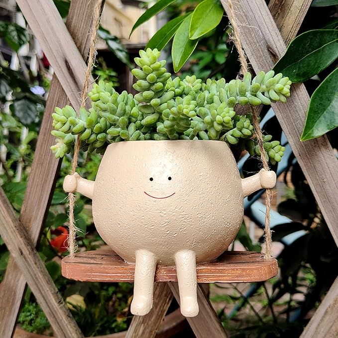 HUNTHAWK Swing Face Planter Pot Hanging Resin Flower Head Planters for Indoor and Outdoor Plants, Succulent Pots for String of Pearls Plant - Ideal Gifts for Mother's Day and Christmas (Medium)
