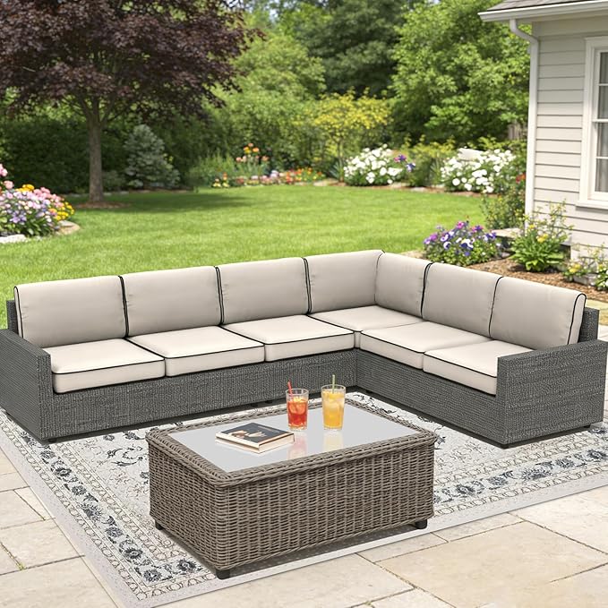 14 Pcs Outdoor Replacement Cushions for Patio Furniture, All Weather Water Resistant Cushion for 6 Seat Rattan Wicker Sectional Patio Conversation Sets and Couch (Cream+Black Piping)