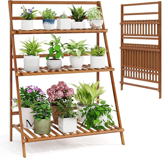 Plant Stand, 3 Tier Bamboo Ladder Plant Stand with Foldable Design, Anti-falling Crossbar, Freestanding Plant Shelf for Indoor Outdoor, Living Room Balcony Patio Garden