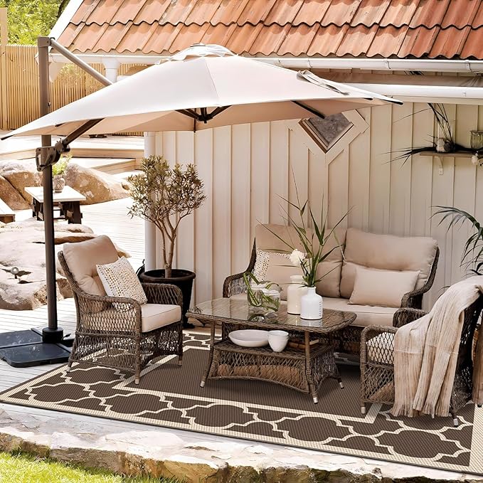 GENIMO Outdoor Rug 8' x 10' Patio Waterproof, Foldable Reversible Plastic Straw Area Rugs Mat for Camper Decor, Outside Carpet for Rv, Deck, Porch, Picnic, Beach, Balcony, Coffee & Beige