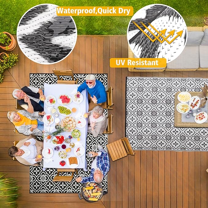 Outdoor Rug Waterproof 4x6 Porch Rug,Outdoor Mat 4x6 Small Balcony Mat,Reversible Plastic Straw Rug, Outdoor Rug for Camping Black and White Outdoor Rugs for Patio, Deck, RV, Camping, Beach, Backyard