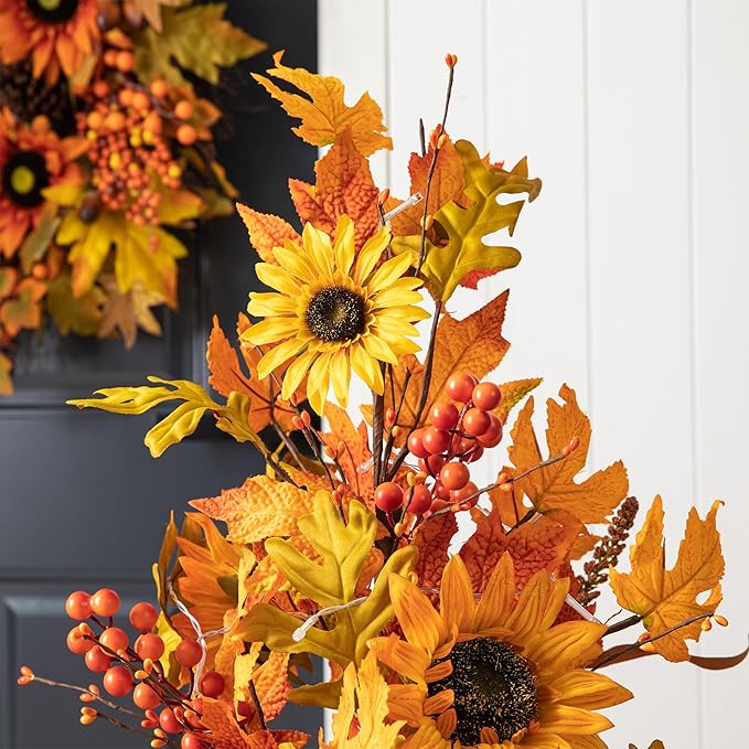 Glitzhome 2 Pcs 4FT Lighted Maple Tree with Timer, Artificial Fall Autumn Maple Leaf & Sunflower Urn Porch Tree with 20 Warm White LEDs for Autumn Fall Harvest Thanksgiving Christmas Decoration