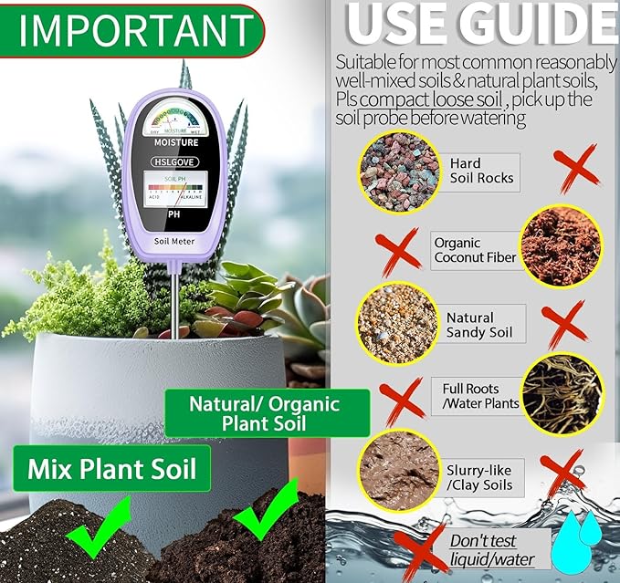 HSLGOVE Soil Test Kit, 2-in-1 Soil Moisture Meter/Soil PH Meter, Dual Screen Soil Tester, Soil Moisture Meter for Plants Watering/Gardening for Lawn,Farm Indoor&Outdoor Use-PalePurple