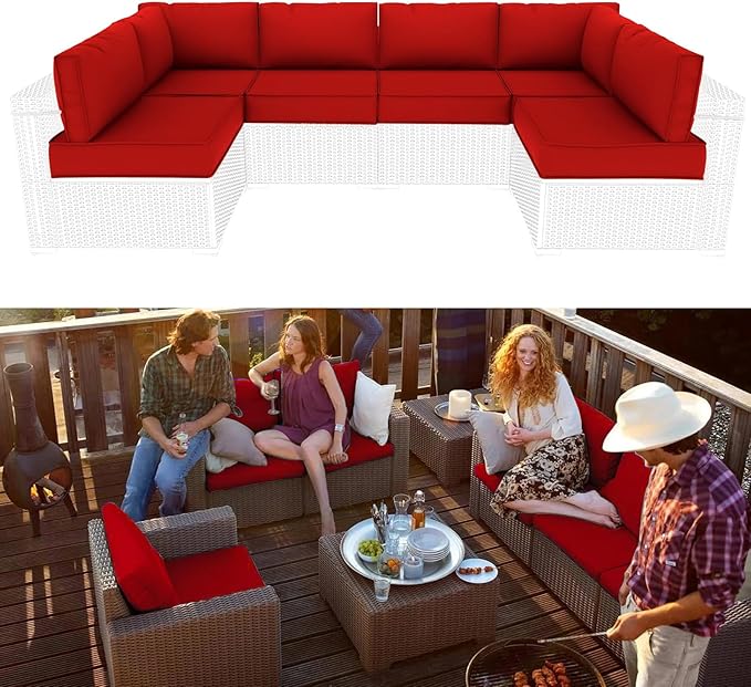 Outdoor Sectional Cushions Replacement Set, 26x26in Patio Furniture Cushions, 14 Pieces Waterproof Outdoor Couch Cushion for 6 Seat Wicker Conversation (Red)