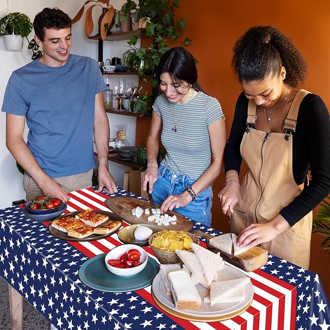 3 Pieces Patriotic Stars and Stripes Tablecloth - 54x108" Disposable Red White Blue American Flag Plastic Table Cover for 4th of July, Memorial Day, Veterans Day and USA-Themed Party Decorations