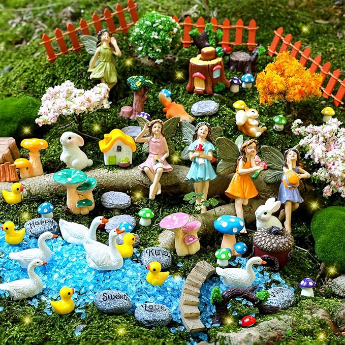 92 PCS Mini Fairy Garden Accessories Kit Cute Tiny Figurines Set DIY Micro Landscape Decor Resin House Bridge Animal Plant Ornament for Terrarium Dollhouse Succulent Craft Potted Horticulture