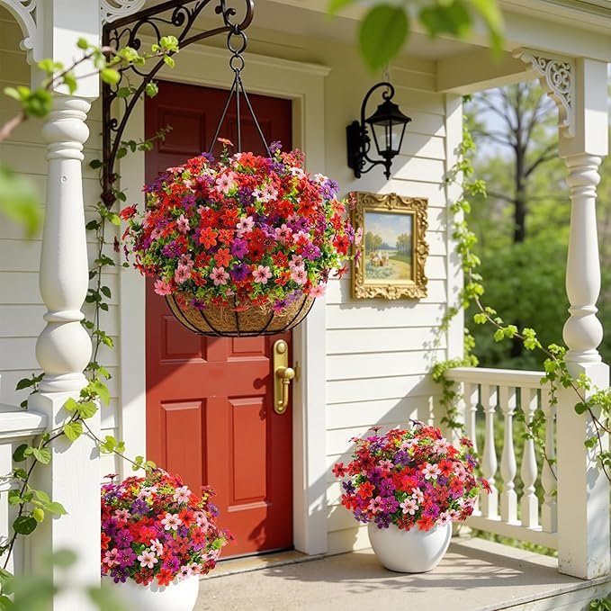 SHareconn 24 Bundles Artificial Flowers for Outdoor Spring Decorations, Realistic Fake Silk Plants UV-Resistant for Outdoor Planters,RedBrownPurpleDeepPurpleOrangePink
