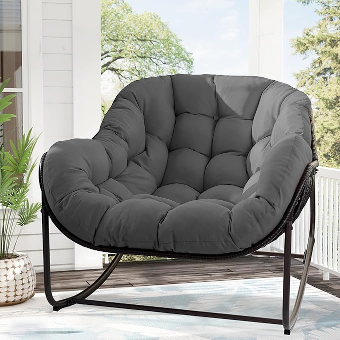 Papasan Rocking Chair, Oversized Papasan Chair with Cushion and Frame for Indoor& Outdoor,Egg-Shaped Patio Rocking Chair for Garden, Deck, Living Room, Light Grey