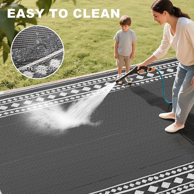 RURALITY Outdoor Rug 9x12 Waterproof for Patio Clearance,Large Plastic Straw Mat for Camping,Porch,RV,Grey and White