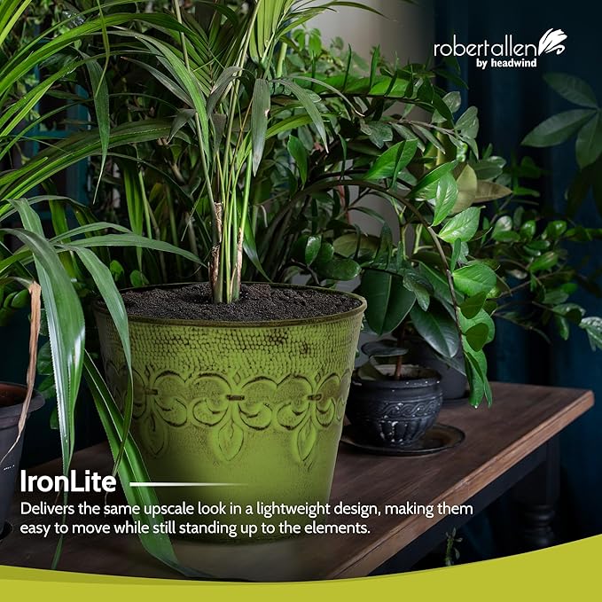Headwind Ironlite Fleur De Lis Collection – 6" Tansy Green Decorative Planter with Drain Plug – Lightweight Metal Garden Pots for Indoor & Outdoor Planters Use by Robert Allen