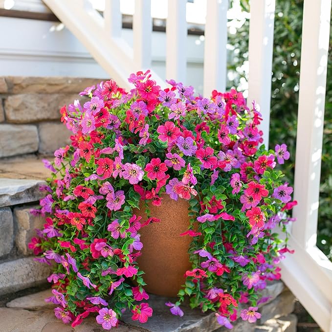 HyeFlora Artificial Flowers for Outdoors Fake Hanging Decoration, 2Pcs Purple and Hotpink Spring Decor, Realistic Plants, UV & Fading Resistant Silk Flower for Porch Patio Balcony Planter Yard